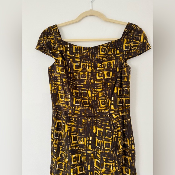 Milly New York Boatneck Cap-Sleeve Brown and Yellow Abstract Dress 2 - Picture 2 of 7